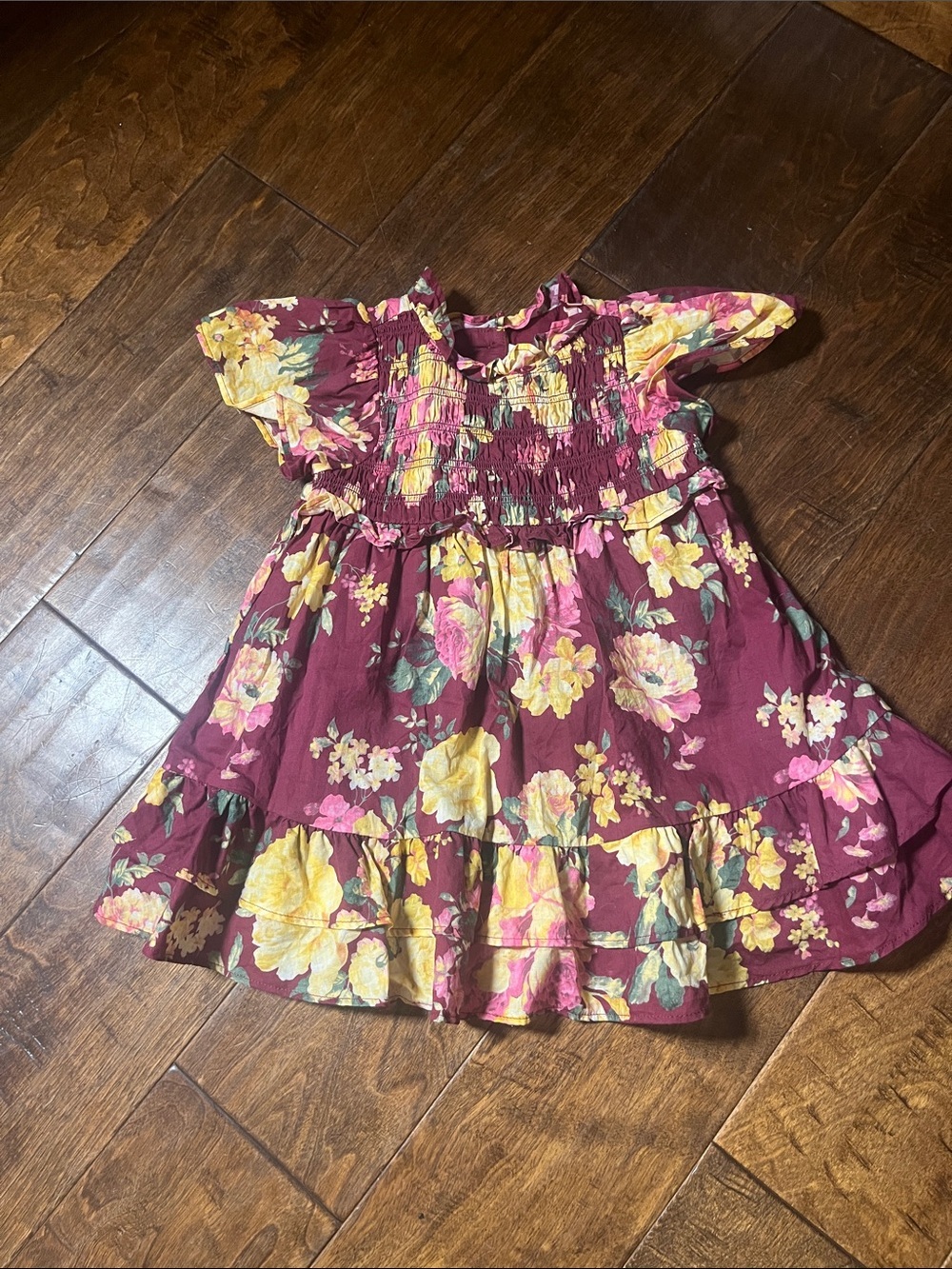 Janie and Jack Maroon and Yellow Floral Smocked Tiered Dress, size 12-18 months